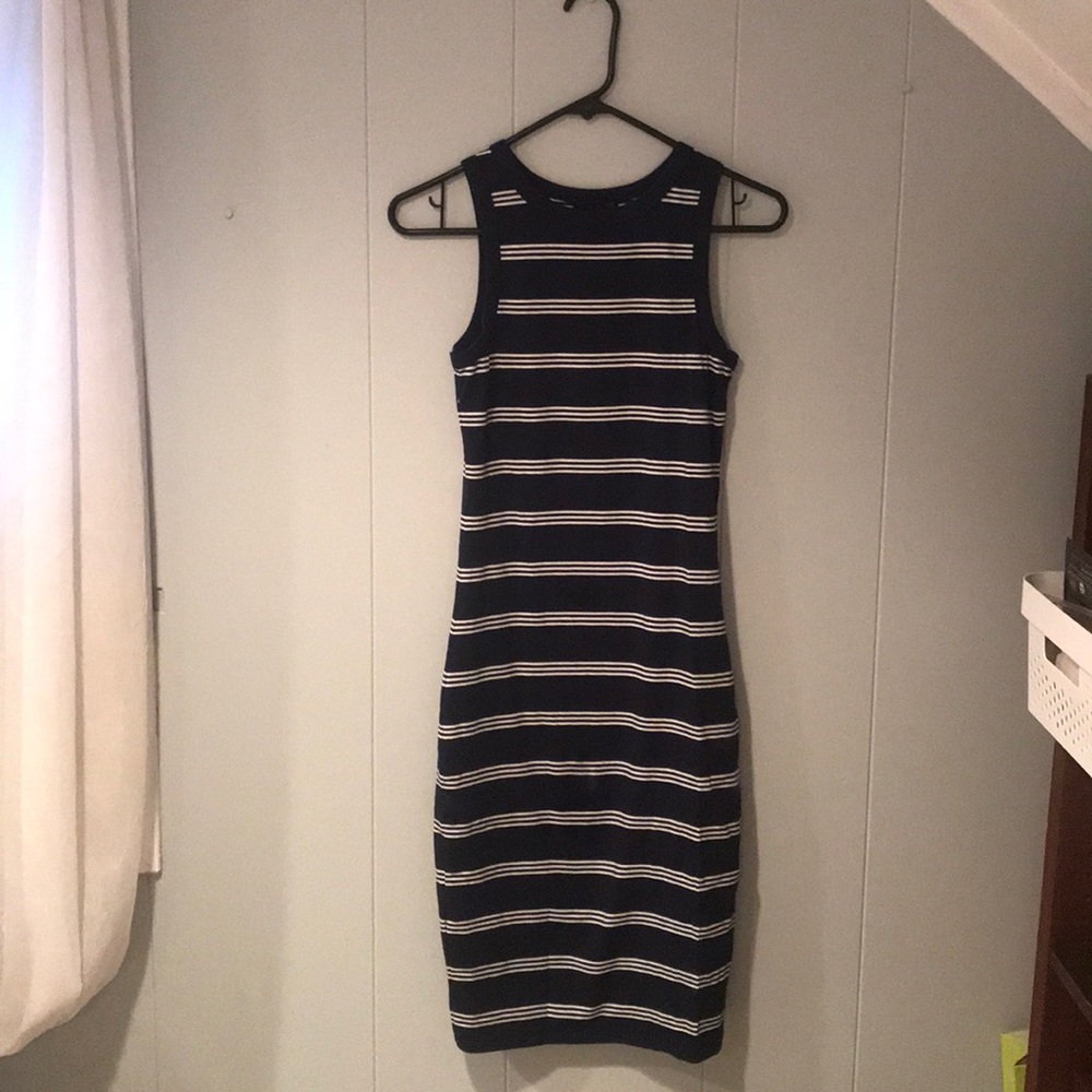 Navy and white striped body con dress